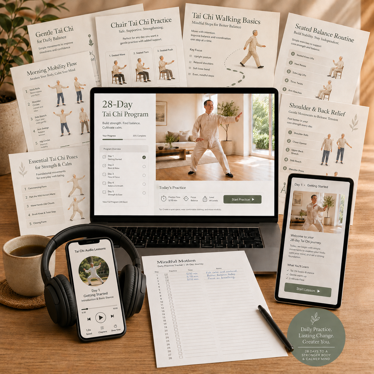 The complete 28 day at home Tai Chi program: video course on a laptop and tablet, audio lessons on a phone and printable practice guides