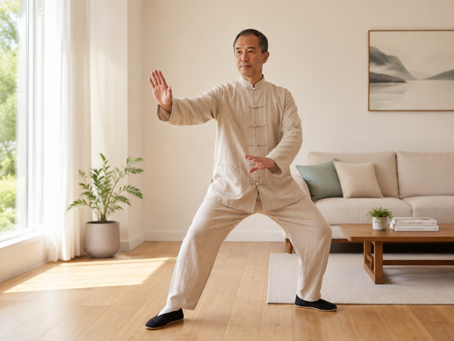 A person practising gentle Tai Chi movements in a bright living room